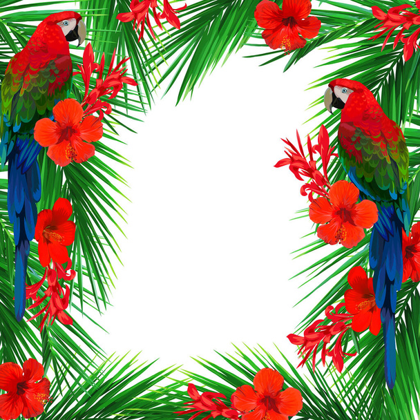 Bright frame with red tropical flowers and palm leaves - Вектор,изображение