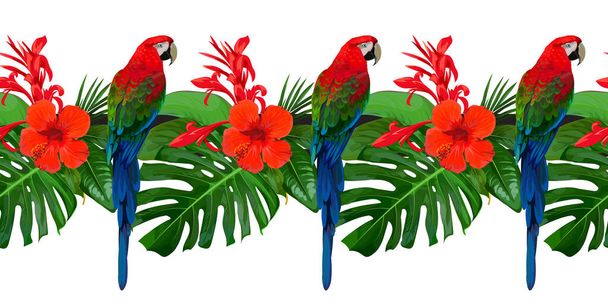 Seamless borders with red flowers and parrots for home decor - Vektor, Bild