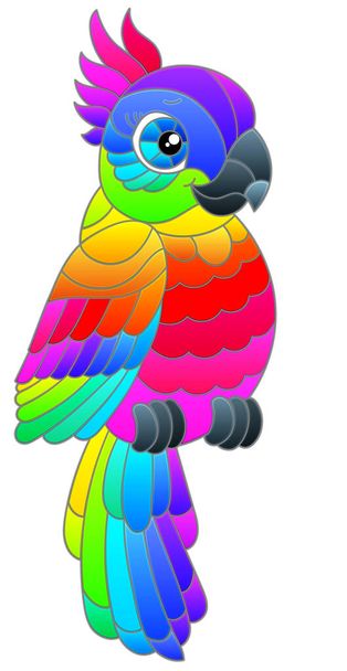 Un'illustrazione nello stile di una finestra di vetro colorato con un pappagallo cartone animato luminoso, l'animale è isolato su uno sfondo bianco - Vettoriali, immagini
