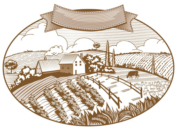 domy pola krowa wypas na łąkach krajobraz rustykalny - Wektor, obraz