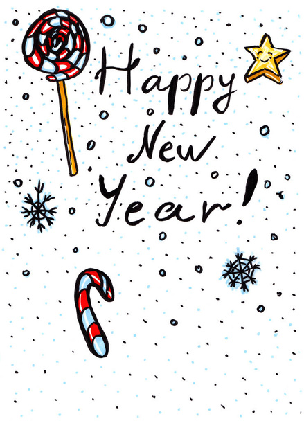 Hand drawn illustration Happy New Year. Marker painting. - Φωτογραφία, εικόνα