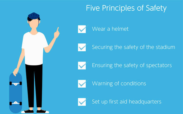 Male skater pointing to a checklist of five skateboarding safety tips, English version. - Vector, Image
