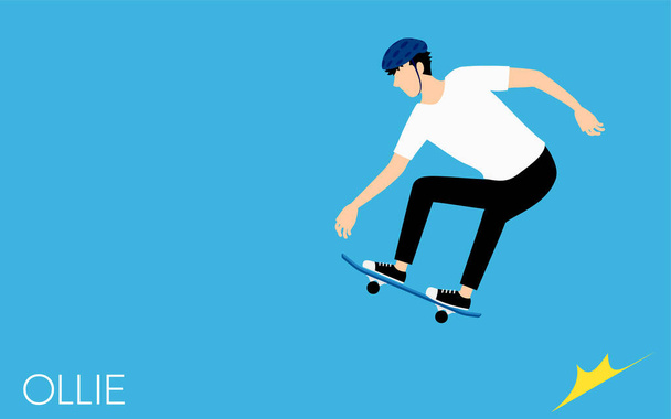 Skateboarding ollie-type trick, a man jumping while riding a skateboard. - Vector, Image