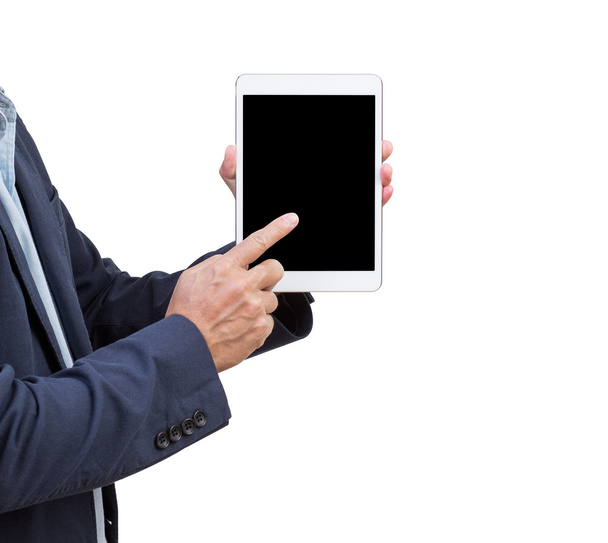 Деловой человек руки касаясь пустой экран планшетного компьютера
 - Фото, изображение