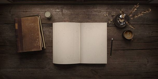 Open leeg boek op houten bureau in oude kamer met oude boeken.Retro schrijvers bureau.3d rendering - Foto, afbeelding