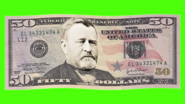Dollars briefje met geanimeerde President Grant. Wave-achtige bewegingen van het briefje. Live animatie van President Grant 's hoofd.    - Video