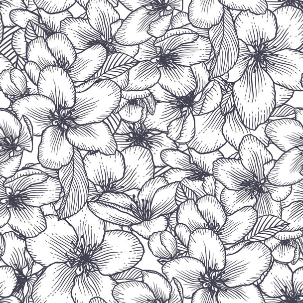 Beautiful seamless monochrome floral pattern with apple flowers. Nature botanical vector background illustration. Stock graphic design in black and white. - Vetor, Imagem