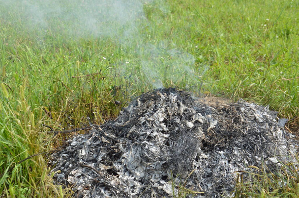 Ein Lagerfeuer mit trockenen Pflanzen brennt auf einem Grundstück mit Feuer und Rauch - Foto, Bild