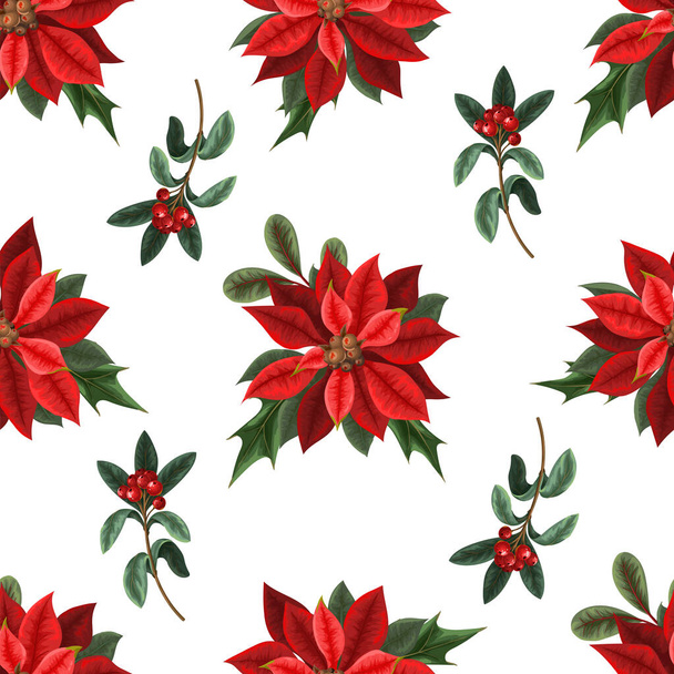 Seamless pattern with poinsettia, pines and hollyberries. Christmas background. - Vector, Image
