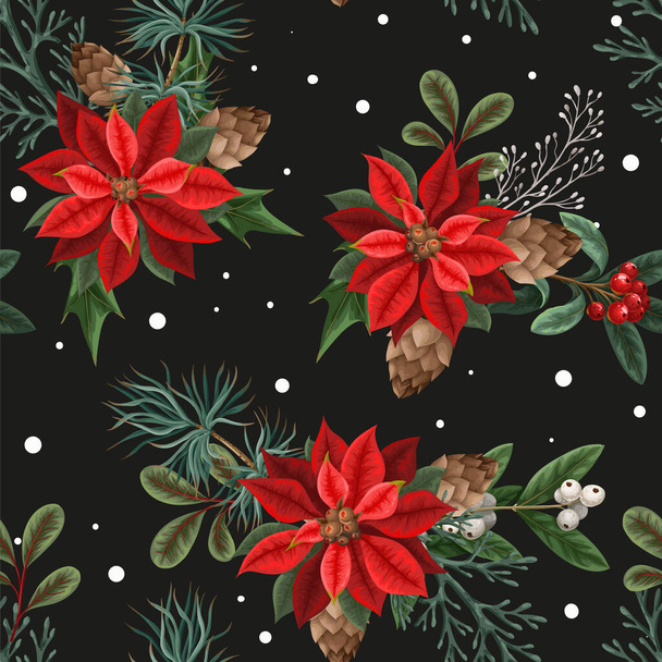 Seamless pattern with poinsettia, pines and hollyberries. Christmas background. - Vector, Image