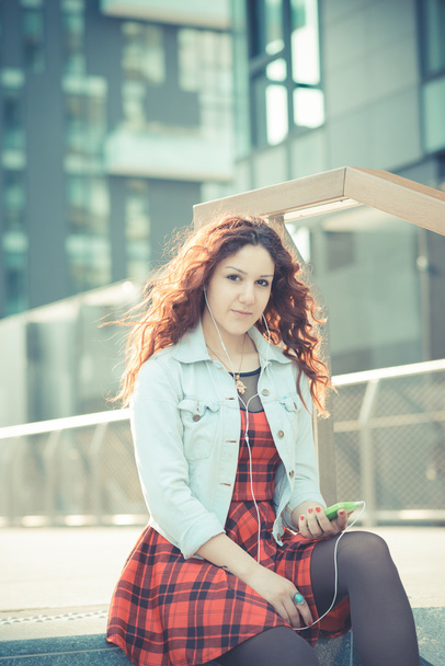 Curly  hipster woman  listening music - Photo, Image
