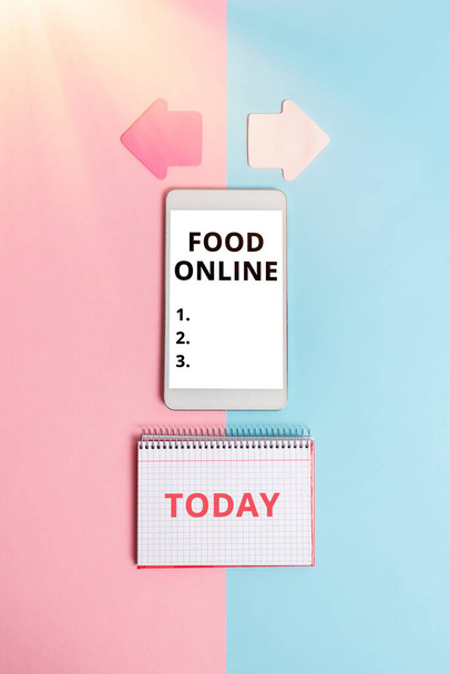 Sign displaying Food Online. Business showcase variety of food set up in a website directly delivered by store Technological Difference And Choices Communication Problems And Solutions - Photo, Image