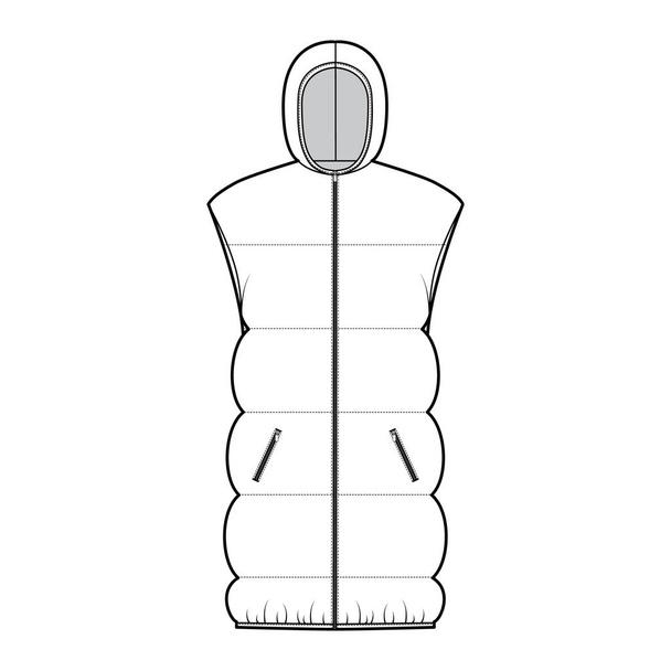 Пуховик для жилету з капюшоном технічна модна ілюстрація з без рукавів, кишенями, довжиною стегна, широкими стьобаними
 - Вектор, зображення