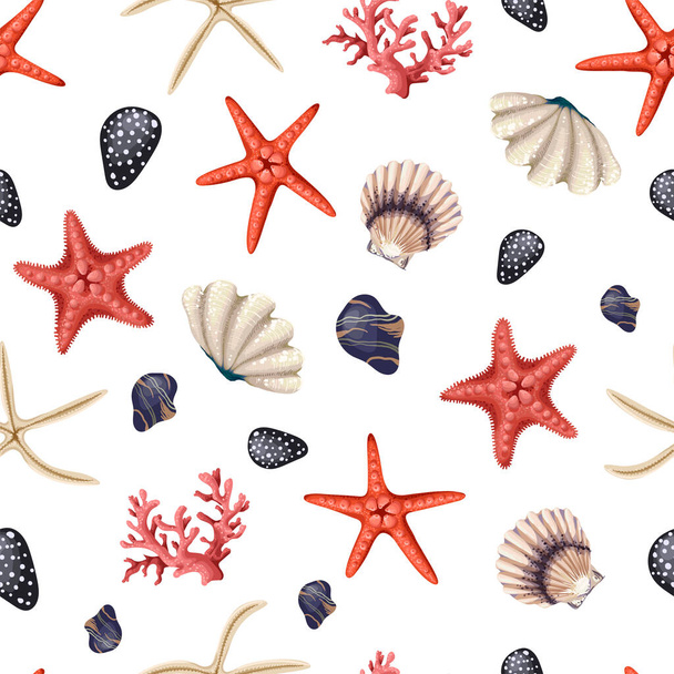 Бесшовный рисунок с красными морскими звездами, раковинами и кораллами. Векторный тренд. - Вектор,изображение