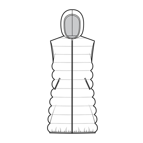 Gilet in piuma puffer illustrazione tecnica di moda con cappuccio collo zip-up chiusura, corpo sciolto, trapuntatura classica - Vettoriali, immagini