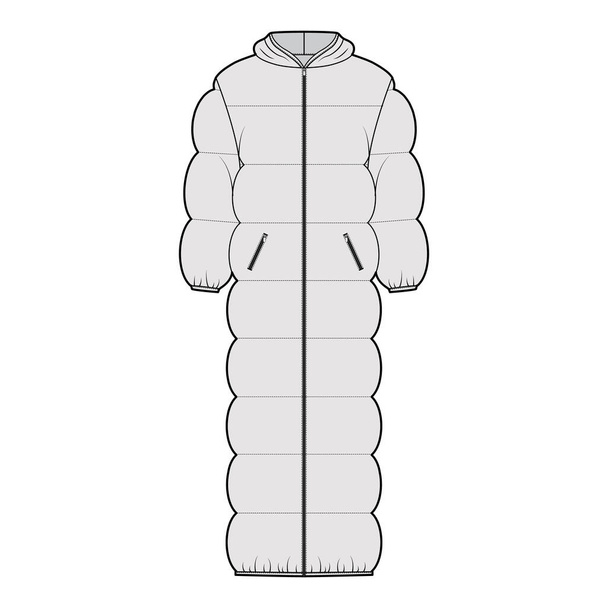 Hooded puffer quilted shell down coat jacket technical fashion illustration with long sleeves, zip-up closure, oversized - Vector, Image