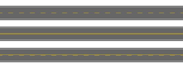 Routes droites vue aérienne du dessus. Autoroutes horizontales vides avec différentes marques blanches et jaunes. Modèles de chaussée sans soudure. Éléments du plan de la ville. Illustration vectorielle plate - Vecteur, image