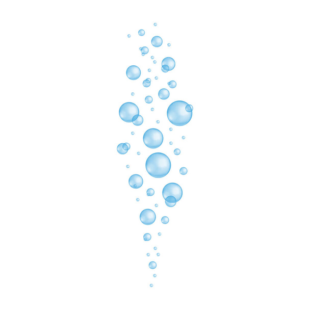 Burbujas submarinas. Gotas azules transparentes de sud baño, espuma de jabón o champú, acuario o chorro de agua de mar, bebida espumosa. Ilustración realista vectorial - Vector, imagen
