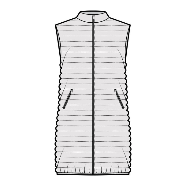 Dolní vesta nafukovací vesta technická módní ilustrace s límcem stojanu, zapínání na zip-up, volný střih, délka stehna - Vektor, obrázek