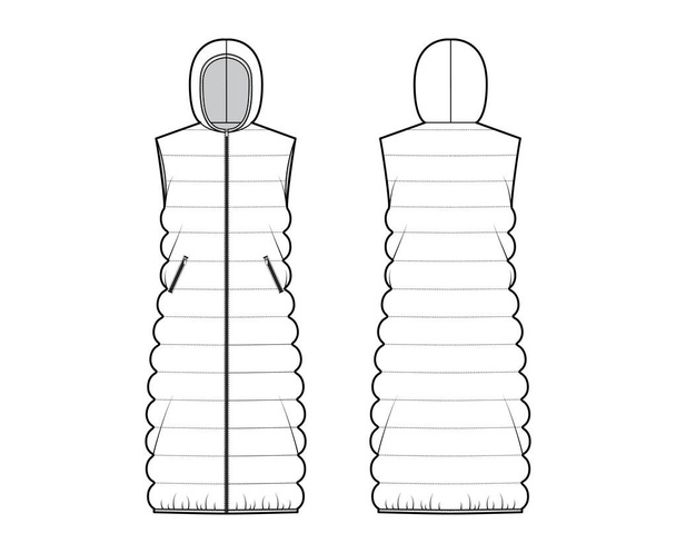Capuz para baixo colete puffer cintura técnica moda ilustração com fecho zip-up, comprimento midi, colcha clássica - Vetor, Imagem