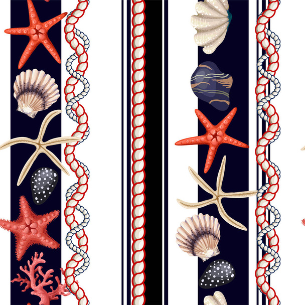 Seamless pattern with starfishes, shells and rope. Vector trende print. - Vetor, Imagem