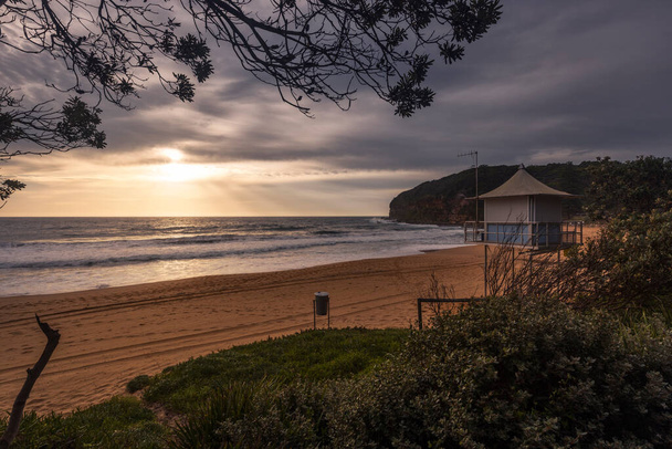 view of the beach from behind the trees at sunrise - Photo, Image