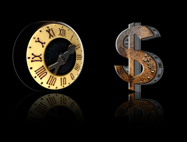 Время деньги. Часы и денежный знак на черном фоне
 - Фото, изображение