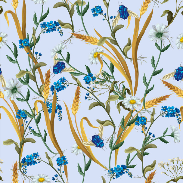 Seamless pattern with botanical flowers such as chamomile, ear of wheat and other. - Вектор, зображення