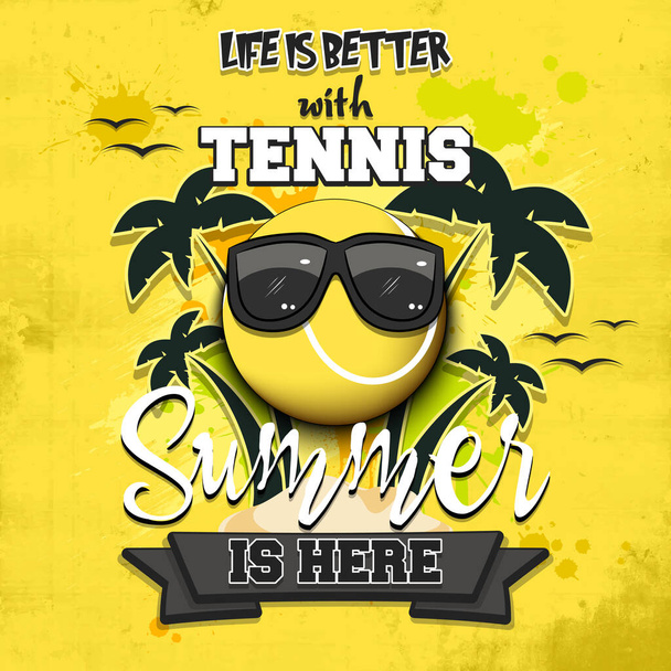 Summer tennis poster. Life is better with tennis. Summer is here. Pattern for design poster, logo, emblem, label, banner, icon. Grunge style. Vector illustration - Vektör, Görsel