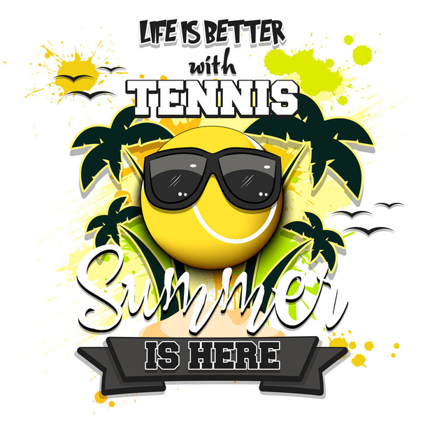 Summer tennis poster. Life is better with tennis. Summer is here. Pattern for design poster, logo, emblem, label, banner, icon. Grunge style. Vector illustration - Vector, Image