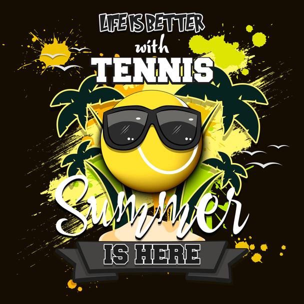 Summer tennis poster. Life is better with tennis. Summer is here. Pattern for design poster, logo, emblem, label, banner, icon. Grunge style. Vector illustration - Vektor, obrázek