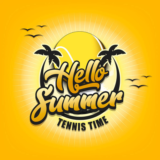 Summer tennis logo. Hello summer. Tennis time. Pattern for design poster, logo, emblem, label, banner, icon. Tennis template on isolated background. Vector illustration - Wektor, obraz