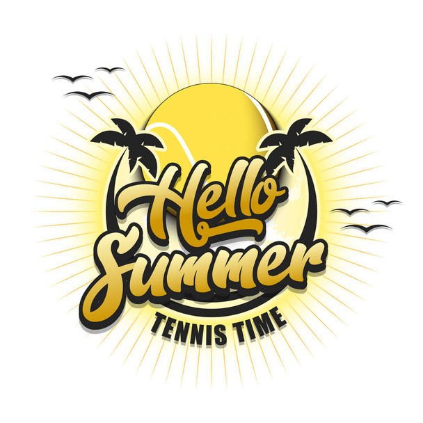 Summer tennis logo. Hello summer. Tennis time. Pattern for design poster, logo, emblem, label, banner, icon. Tennis template on isolated background. Vector illustration - Vektör, Görsel