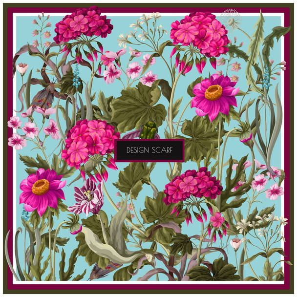 Design scarf with geraniums and wild flowers. Trendy floral vector print. - Vetor, Imagem