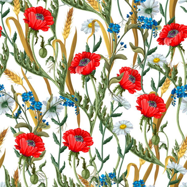 Seamless pattern with botanical flowers such as poppies, chamomile, ear of wheat and other. - Vektor, Bild