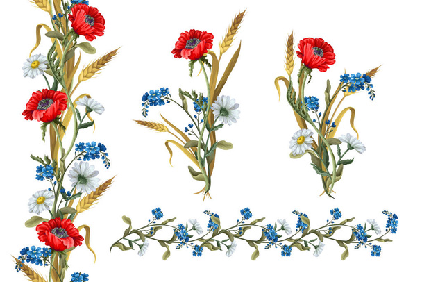 Ramos con flores botánicas como amapolas, manzanilla, espiga de trigo y borde. - Vector, imagen