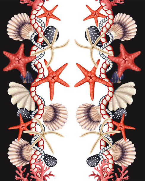 Border with starfishes, shells and rope. Vector trende print. - Vektör, Görsel