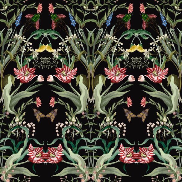 Seamless pattern with wild thin flowers and insects. Trendy botanical print. - Vecteur, image