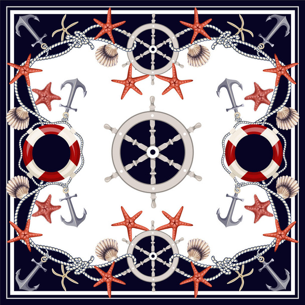 Design scarf with starfishes, anchors, shells and lifebuoys. Vector. - Διάνυσμα, εικόνα