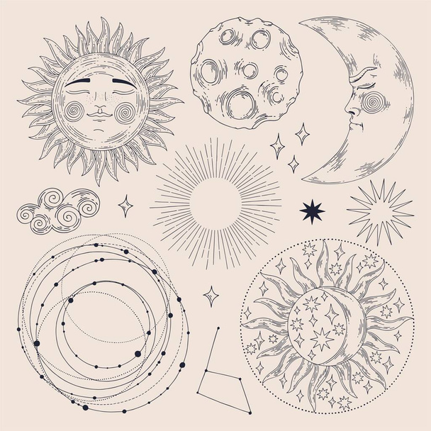 Celestial illustrations. Vector set. Hand drawing. Illustration for design of cards, covers, wallpaper, packaging, home textiles. For printing and surface design - ベクター画像