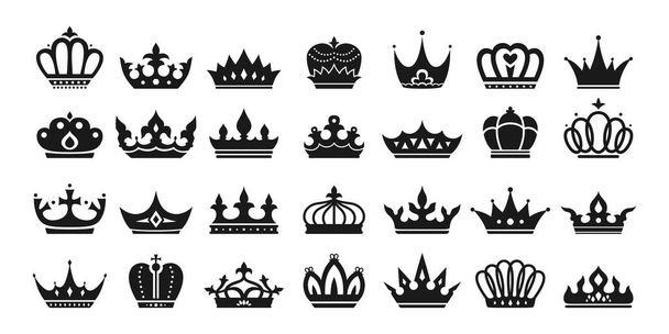 Real corona signo conjunto rey reina heráldico icono - Vector, Imagen