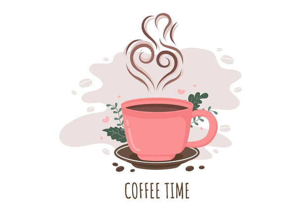 Kávový pohár pozadí Vektor ploché ilustrace s kakao fazole, zrna a džbánek. Vhodné pro studené nebo teplé nápoje - Vektor, obrázek