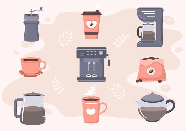 Kakao fasulyesi, tahıl ve sürahi ile kahve fincanı vektör düz resimleme. Soğuk ya da Sıcak İçecekler İçin Uygun - Vektör, Görsel