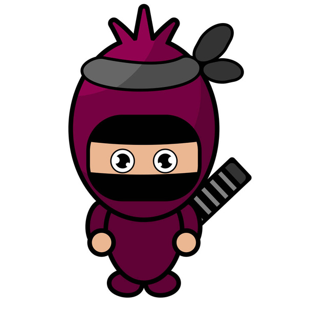 vetor desenho animado bonito mascote personagem simples Shallot traje ninja com carreg katana - Vetor, Imagem