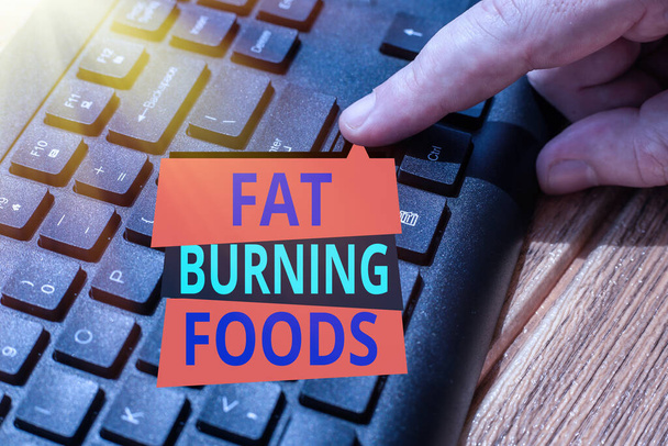 Sign displaying Fat Burning Foods. Word Written on produce fat loss by stimulating metabolism to reduce appetite Hands Pointing Pressing Computer Keyboard Keys Typewriting New Ideas. - Photo, Image