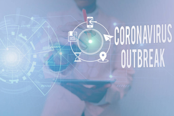 Inspiráló üzenet a Coronavirus járványról. Üzleti ötlet fertőző betegség által okozott újonnan felfedezett COVID19 nő egységes állandó holding Tablet megjelenítése Futurisztikus felület. - Fotó, kép