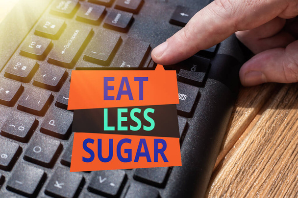 Daha Az Şeker Ye başlığını göster. Kavram, şeker tüketimini azaltmak ve sağlıklı bir diyet yemek anlamına gelir zengin gıdalar Eller Basılı Bilgisayar Klavyesi Anahtarları Yeni Fikirler Yazıyor. - Fotoğraf, Görsel