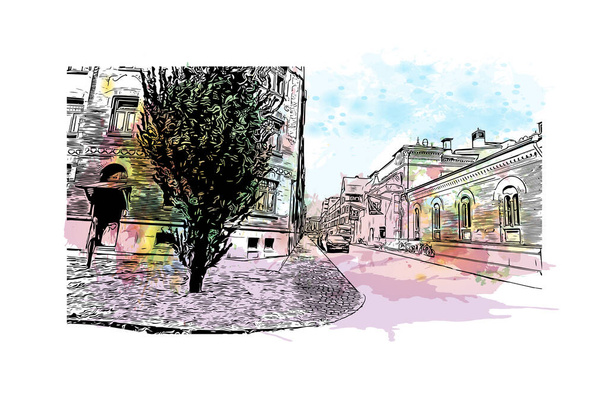 Print  Building view with landmark of Gothenburg is the major city in Sweden. Watercolor splash with hand drawn sketch illustration in vector. - Vector, Image