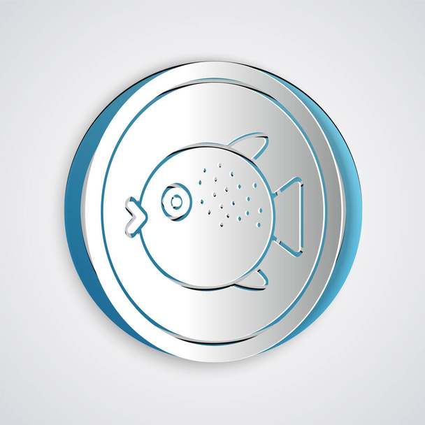 Paper cut Puffer fish on a plate icon isolated on grey background. Fugu fish japanese puffer fish. Paper art style. Vector. - Vector, Image