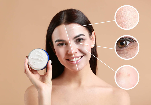 Giovane donna prima e dopo la procedura di trattamento viso con crema cosmetica sana su sfondo di colore - Foto, immagini